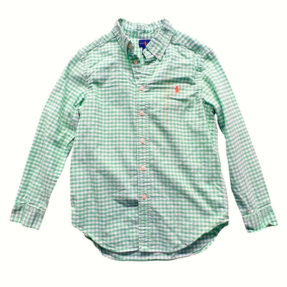 Ralph Lauren Kids Size Med Green Gingham Button Shirt Long Sleeve Cotton 90s Vtg